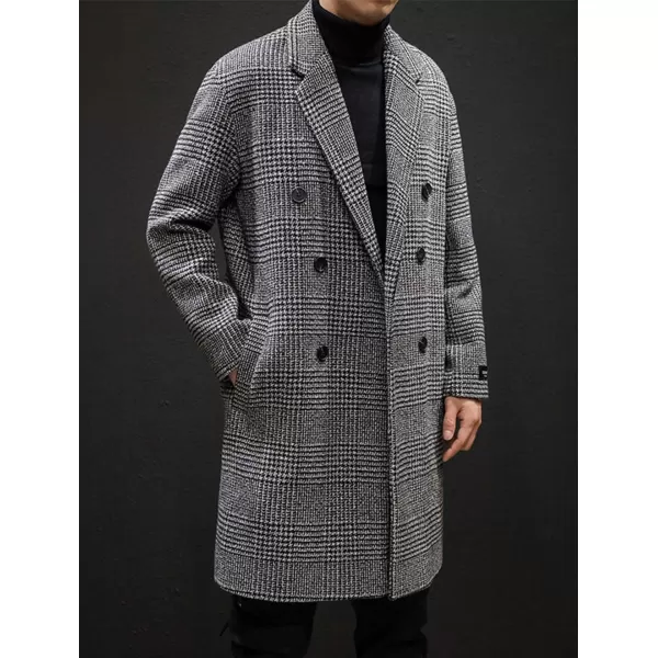 chouyatou Mens Stylish Office Double Breasted Long Plaid Wool Pea Coat OvercoatGrey