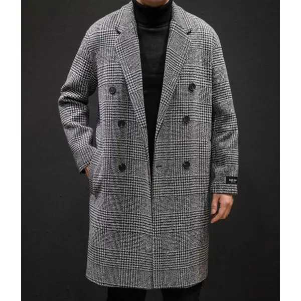 chouyatou Mens Stylish Office Double Breasted Long Plaid Wool Pea Coat OvercoatGrey