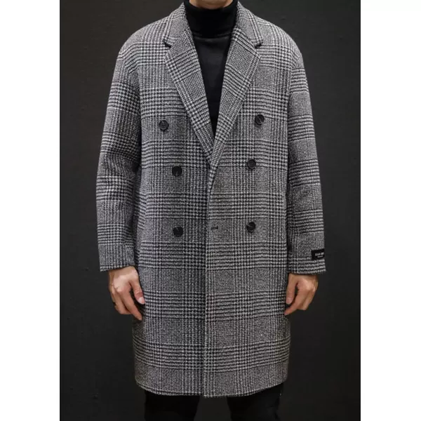 chouyatou Mens Stylish Office Double Breasted Long Plaid Wool Pea Coat OvercoatGrey