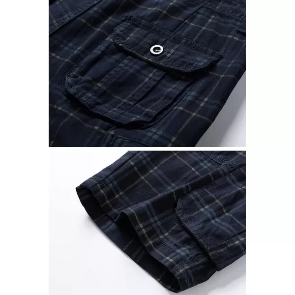 chouyatou Mens Summer Cool MultiPocket Straight Leg Utility Plaid Cargo ShortsDark Blue