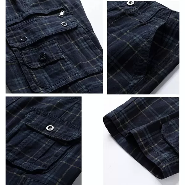 chouyatou Mens Summer Cool MultiPocket Straight Leg Utility Plaid Cargo ShortsDark Blue