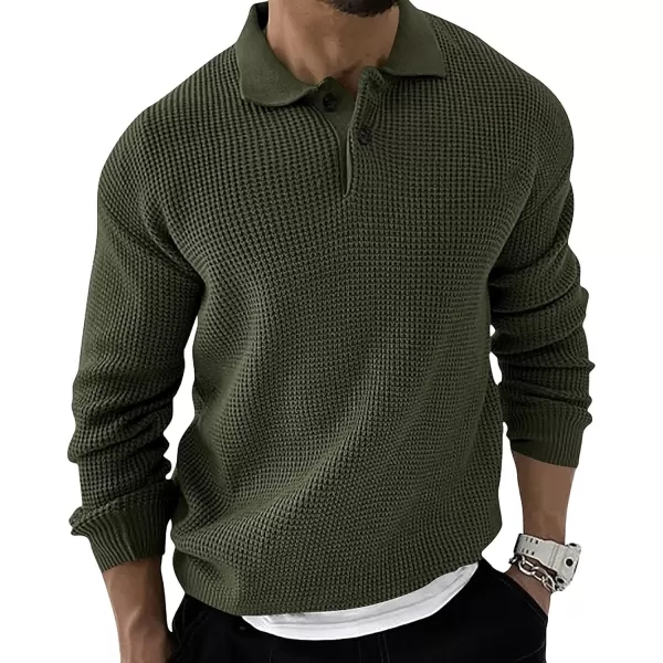 chouyatou Mens Waffle Knit Pullover Sweater Business Casual Polo Collared Sweater TopArmy Green