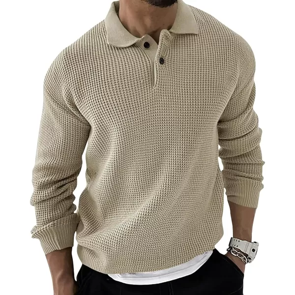 chouyatou Mens Waffle Knit Pullover Sweater Business Casual Polo Collared Sweater TopBeige