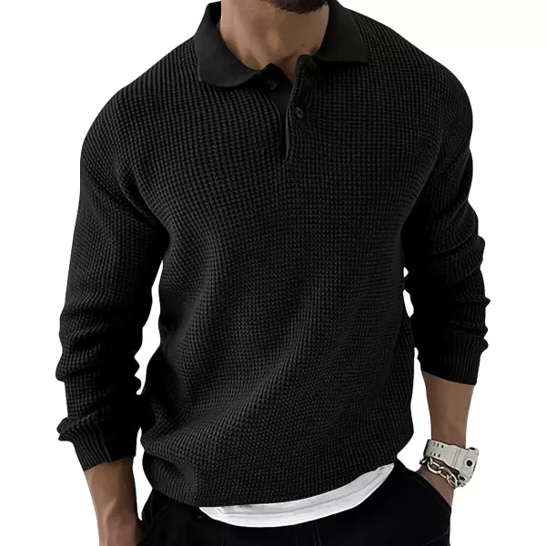 chouyatou Mens Waffle Knit Pullover Sweater Business Casual Polo Collared Sweater TopBlack