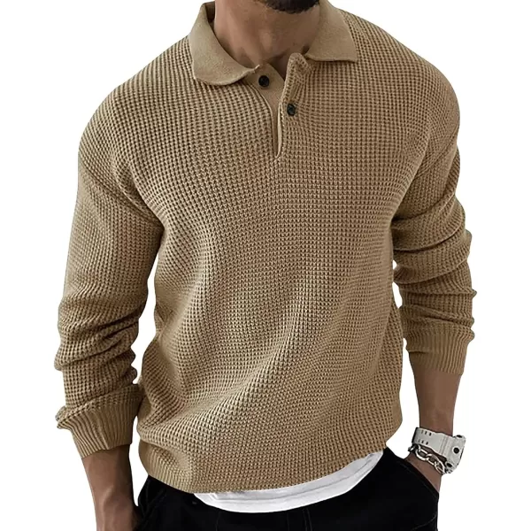 chouyatou Mens Waffle Knit Pullover Sweater Business Casual Polo Collared Sweater TopKhaki
