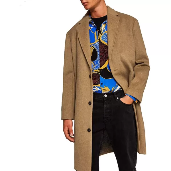 chouyatou Mens Winter Lapel Single Breasted Business Casual Wool Trench CoatKhaki
