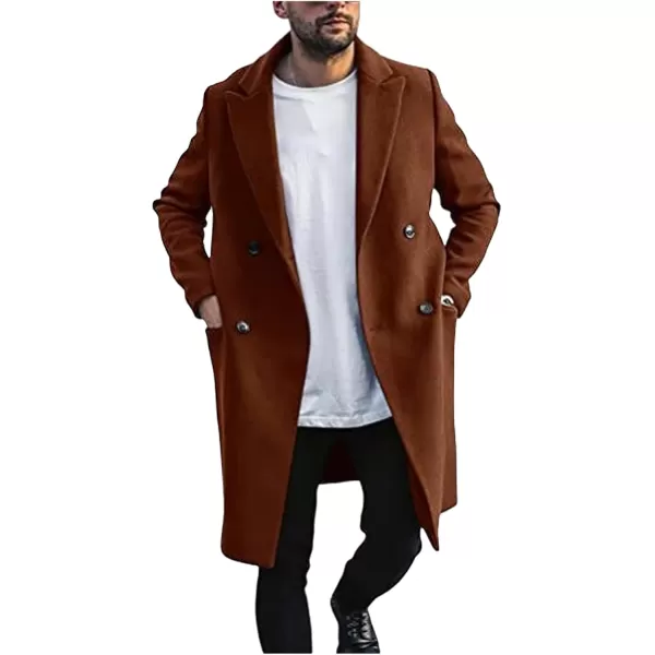 chouyatou Mens Winter Ntoch Lapel Double Breasted Wool Coat Warm Midi Long Pea CoatBrown