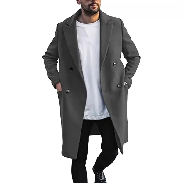 chouyatou Mens Winter Ntoch Lapel Double Breasted Wool Coat Warm Midi Long Pea CoatDark Grey