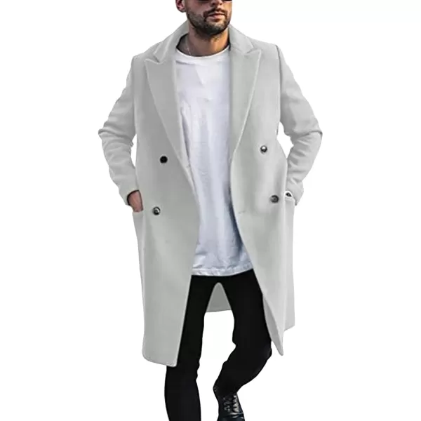 chouyatou Mens Winter Ntoch Lapel Double Breasted Wool Coat Warm Midi Long Pea CoatOffwhite