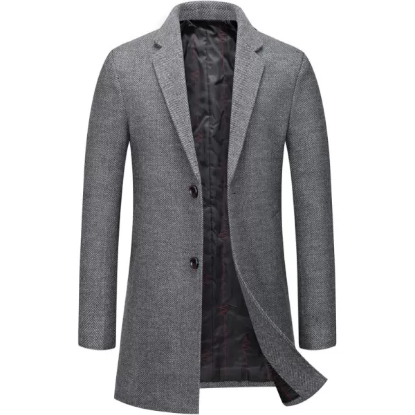 chouyatou Mens Business Winter Notched Collar Thicked 2 Button Slim Long Sleeve Herringbone Wool Blend Trench OvercoatGrey