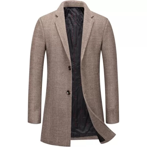 chouyatou Mens Business Winter Notched Collar Thicked 2 Button Slim Long Sleeve Herringbone Wool Blend Trench OvercoatKhaki