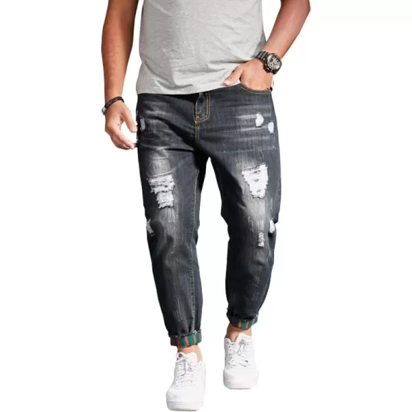 chouyatou Mens Casual Distressed Style Tapered Leg Harem Jogger Jeans Crop Denim PantsBlack
