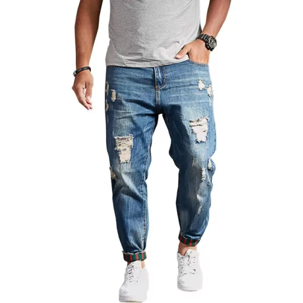chouyatou Mens Casual Distressed Style Tapered Leg Harem Jogger Jeans Crop Denim PantsBlue