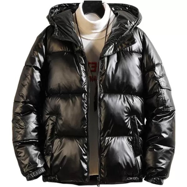chouyatou Mens Casual Hooded Full Zip Metallic Shiny Short Bomber Alternative Down CoatBlack