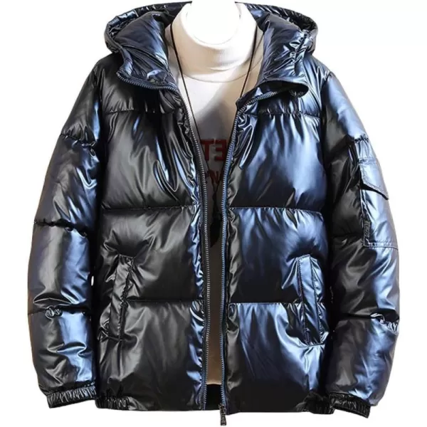 chouyatou Mens Casual Hooded Full Zip Metallic Shiny Short Bomber Alternative Down CoatBlue