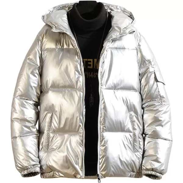 chouyatou Mens Casual Hooded Full Zip Metallic Shiny Short Bomber Alternative Down CoatSilver