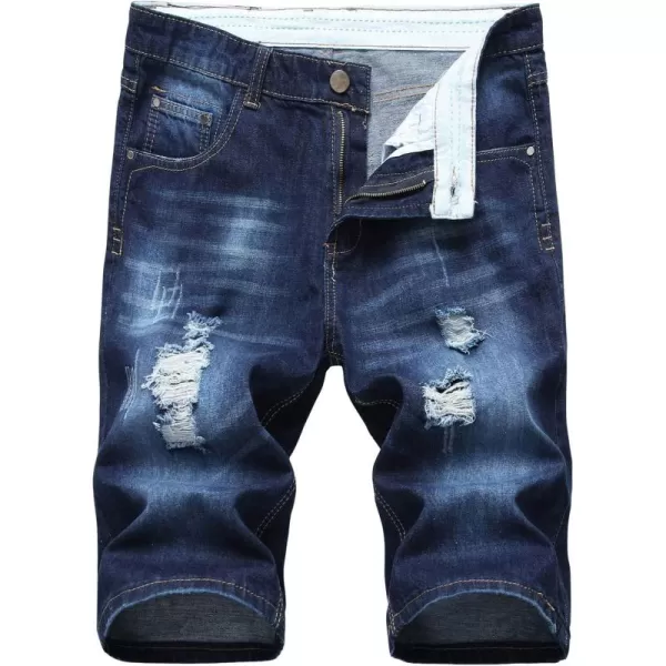 chouyatou Mens Classic Fit Stylish Distressed Straight Leg Ripped Denim ShortsDark Blue