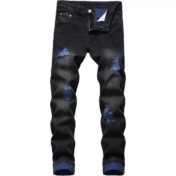 chouyatou Mens Color Block Frayed Holes Lightweight Distressed Ripped Jeans Denim PantBlack