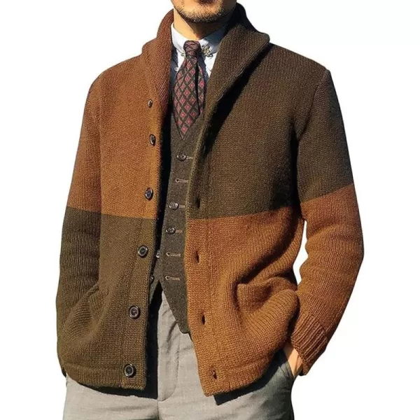 chouyatou Mens Color Block Long Sleeve Button Down Knit Cardigan Sweaters with PocketsBrown