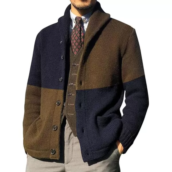 chouyatou Mens Color Block Long Sleeve Button Down Knit Cardigan Sweaters with PocketsNavy Blue