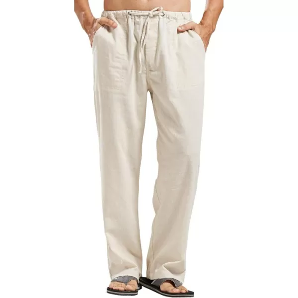 chouyatou Mens Ethnic Stylish Drawstring Elastic Waist Loose Fit Baggy Stripe Linen Harem Beach PantsBeige