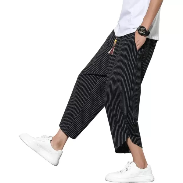 chouyatou Mens Ethnic Stylish Drawstring Elastic Waist Loose Fit Baggy Stripe Linen Harem Beach PantsStripeblack