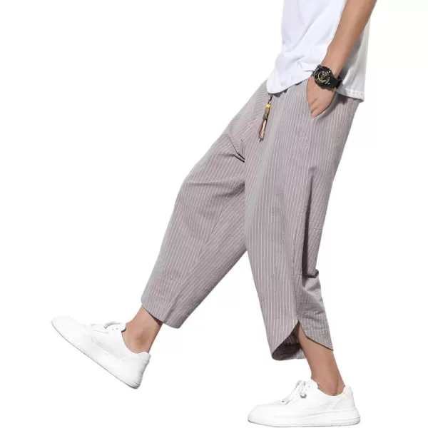 chouyatou Mens Ethnic Stylish Drawstring Elastic Waist Loose Fit Baggy Stripe Linen Harem Beach PantsStripegrey
