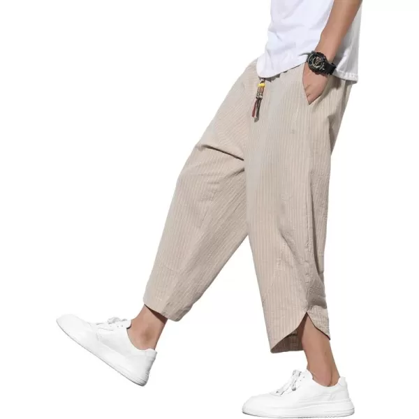 chouyatou Mens Ethnic Stylish Drawstring Elastic Waist Loose Fit Baggy Stripe Linen Harem Beach PantsStripekhaki
