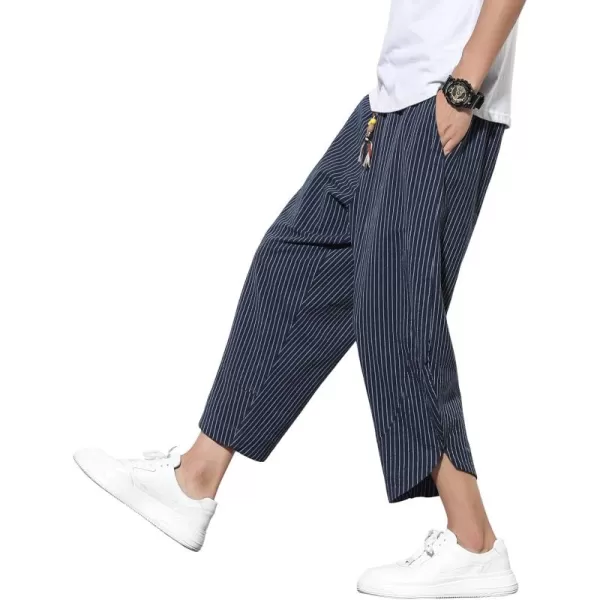 chouyatou Mens Ethnic Stylish Drawstring Elastic Waist Loose Fit Baggy Stripe Linen Harem Beach PantsStripenavy