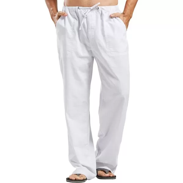 chouyatou Mens Ethnic Stylish Drawstring Elastic Waist Loose Fit Baggy Stripe Linen Harem Beach PantsWhite