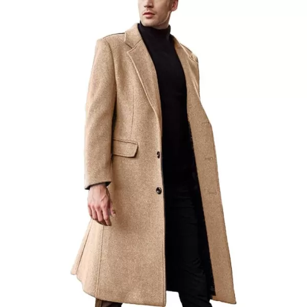 chouyatou Mens Fall Winter Office Single Breasted Long Dress Wool Coat OvercoatKhaki