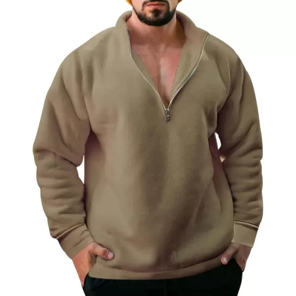 chouyatou Mens Fall Winter Quarter Zip Sweatshirt Casual Fleece Lined Cadet Collar Sweatshit TopCamel