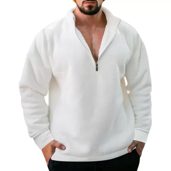 chouyatou Mens Fall Winter Quarter Zip Sweatshirt Casual Fleece Lined Cadet Collar Sweatshit TopWhite
