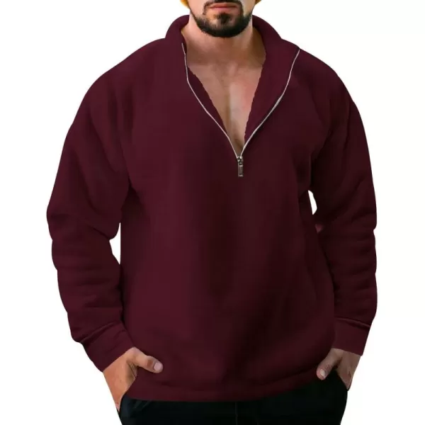 chouyatou Mens Fall Winter Quarter Zip Sweatshirt Casual Fleece Lined Cadet Collar Sweatshit TopWine Red