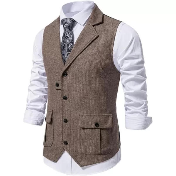 chouyatou Mens Herringbone Tweed Vest Notched Lapel Single Breasted Sleeveless Vest JacketCoffee