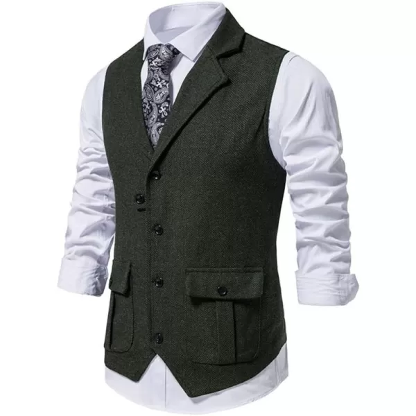 chouyatou Mens Herringbone Tweed Vest Notched Lapel Single Breasted Sleeveless Vest JacketDark Green