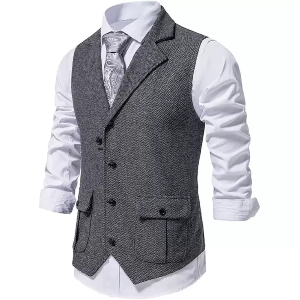 chouyatou Mens Herringbone Tweed Vest Notched Lapel Single Breasted Sleeveless Vest JacketGray