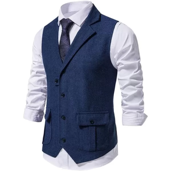 chouyatou Mens Herringbone Tweed Vest Notched Lapel Single Breasted Sleeveless Vest JacketNavy