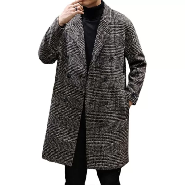 chouyatou Mens Stylish Office Double Breasted Long Plaid Wool Pea Coat OvercoatBrown