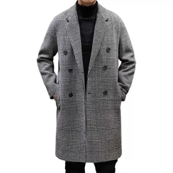 chouyatou Mens Stylish Office Double Breasted Long Plaid Wool Pea Coat OvercoatGrey