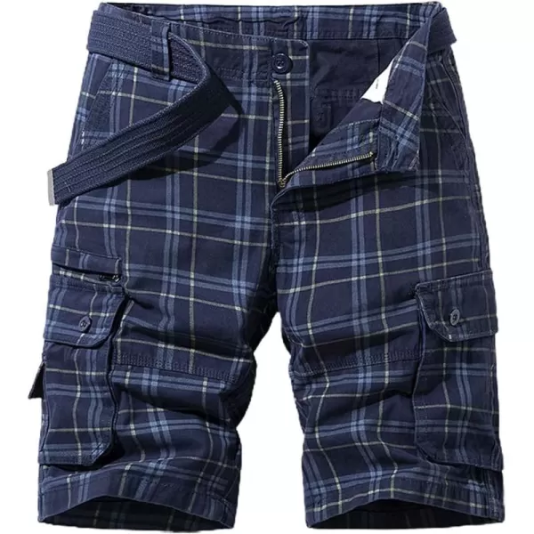chouyatou Mens Summer Cool MultiPocket Straight Leg Utility Plaid Cargo ShortsDark Blue