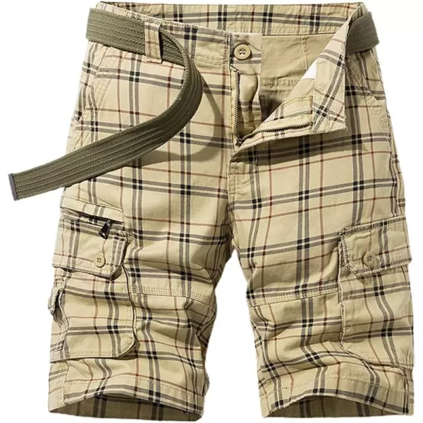 chouyatou Mens Summer Cool MultiPocket Straight Leg Utility Plaid Cargo ShortsKhaki