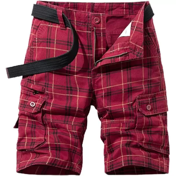 chouyatou Mens Summer Cool MultiPocket Straight Leg Utility Plaid Cargo ShortsRed