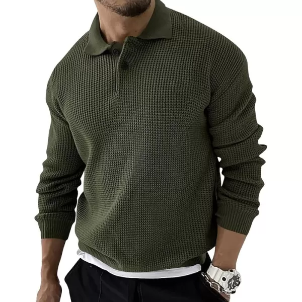 chouyatou Mens Waffle Knit Pullover Sweater Business Casual Polo Collared Sweater TopArmy Green