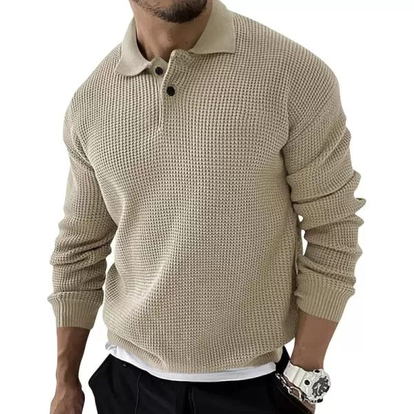 chouyatou Mens Waffle Knit Pullover Sweater Business Casual Polo Collared Sweater TopBeige