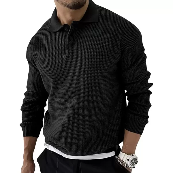 chouyatou Mens Waffle Knit Pullover Sweater Business Casual Polo Collared Sweater TopBlack