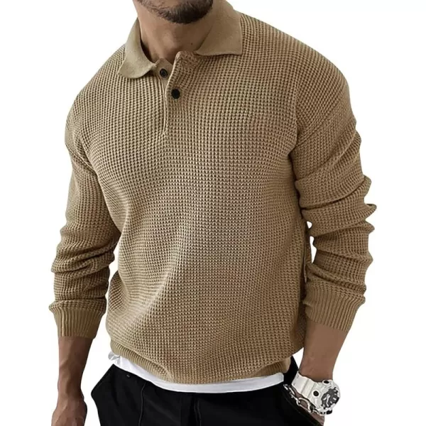 chouyatou Mens Waffle Knit Pullover Sweater Business Casual Polo Collared Sweater TopKhaki