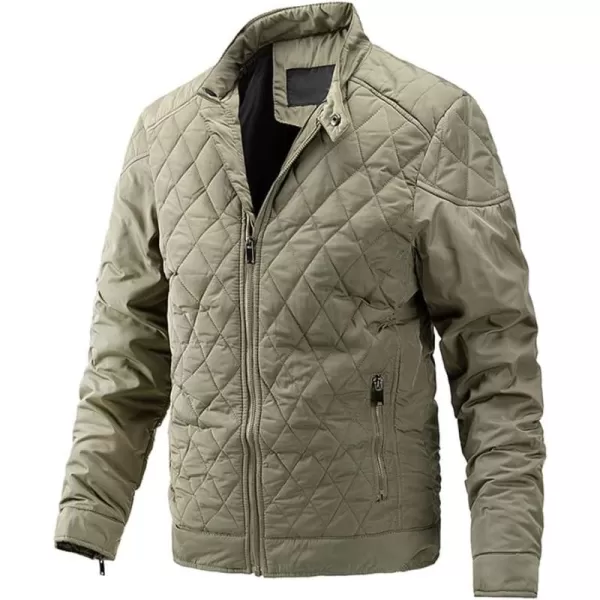 chouyatou Mens Winter Lightweight Argyle Quilted Puffer Moto Bomber Jacket CoatKhaki