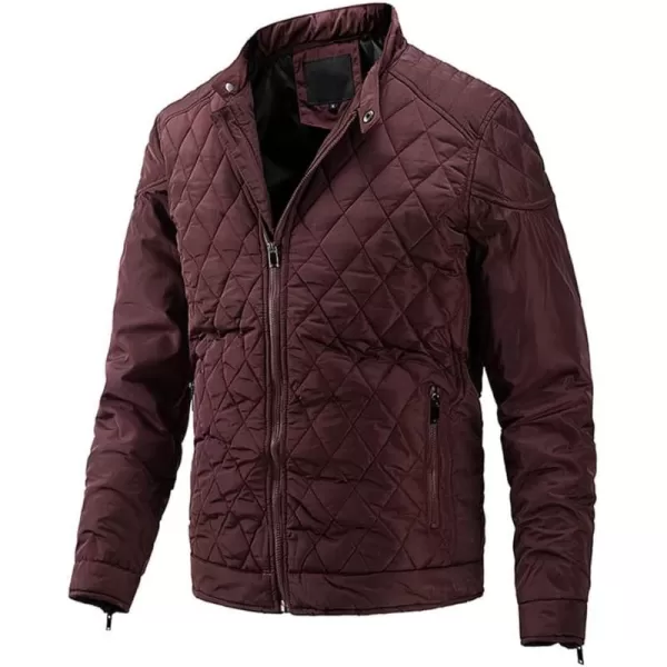 chouyatou Mens Winter Lightweight Argyle Quilted Puffer Moto Bomber Jacket CoatWine Red
