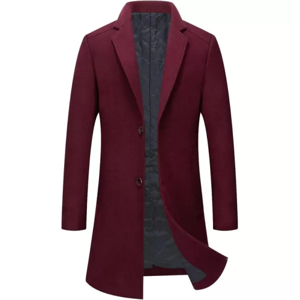 chouyatou Mens Winter Notched Collar 2 Button Thicken Padded Warm MidLength Woolen Business Trench OvercoatWine Red